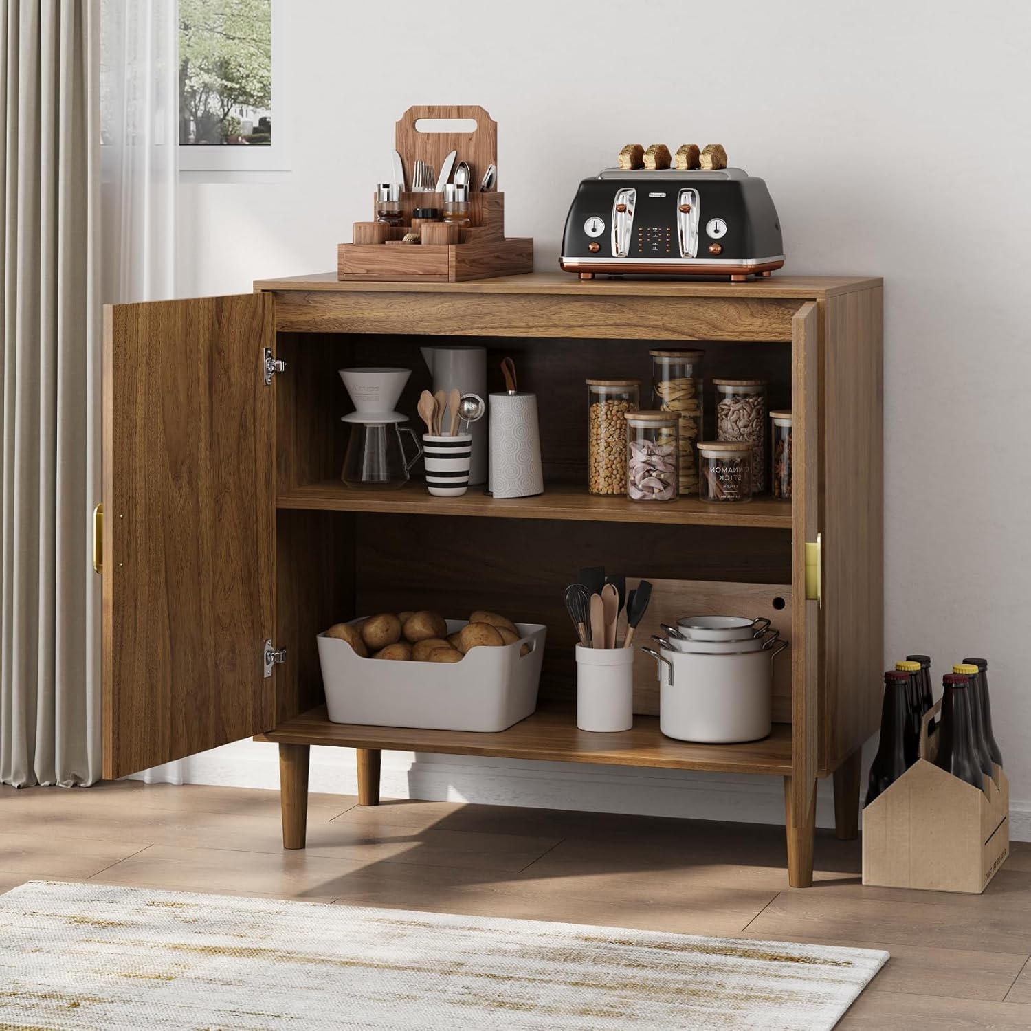 Walnut Wood Buffet Cabinet with Line Groove Design,