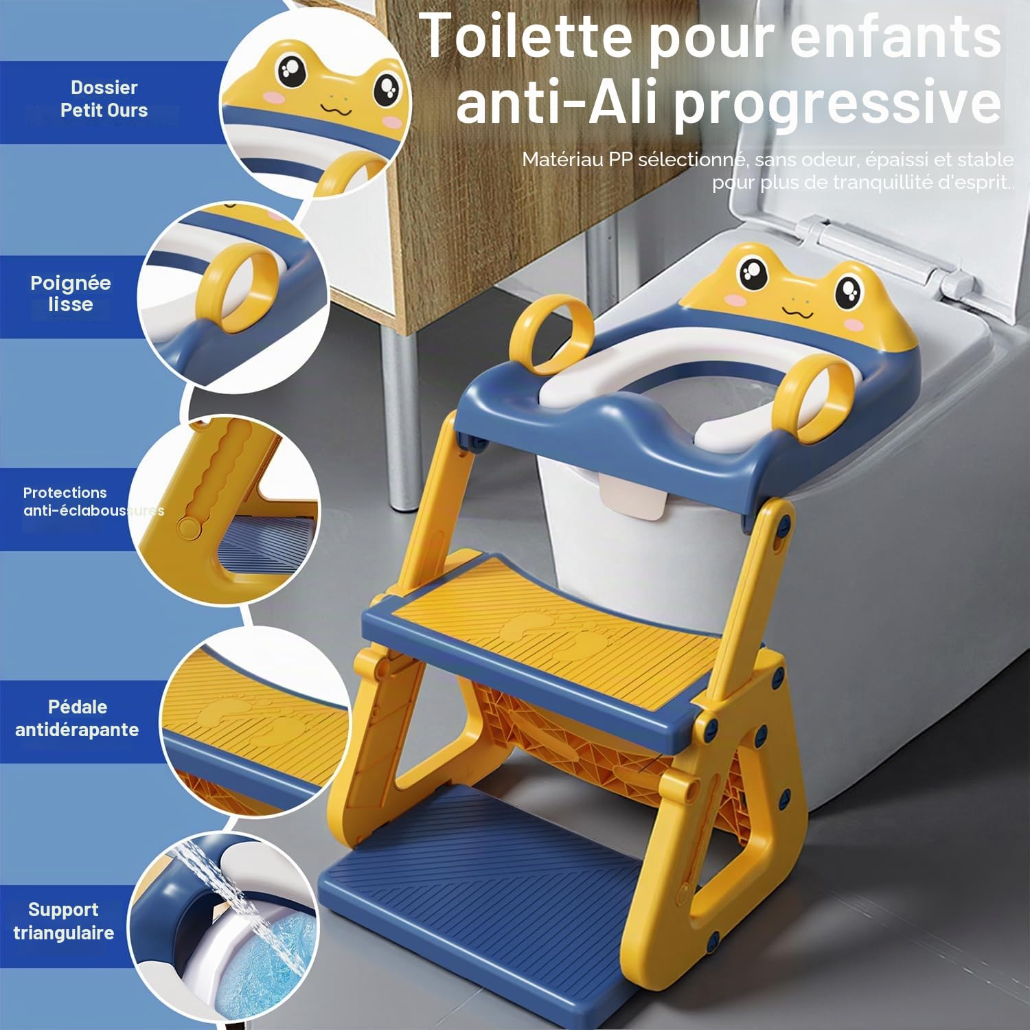 Reducteur Toilette Enfant avec Marche,Stabiliser Rehausseur Toilette Enfant avec Structures Triangulaires,Adaptateur Toilette pour Enfants Garçons et Filles,Antidérapant et Pliable,Bleu