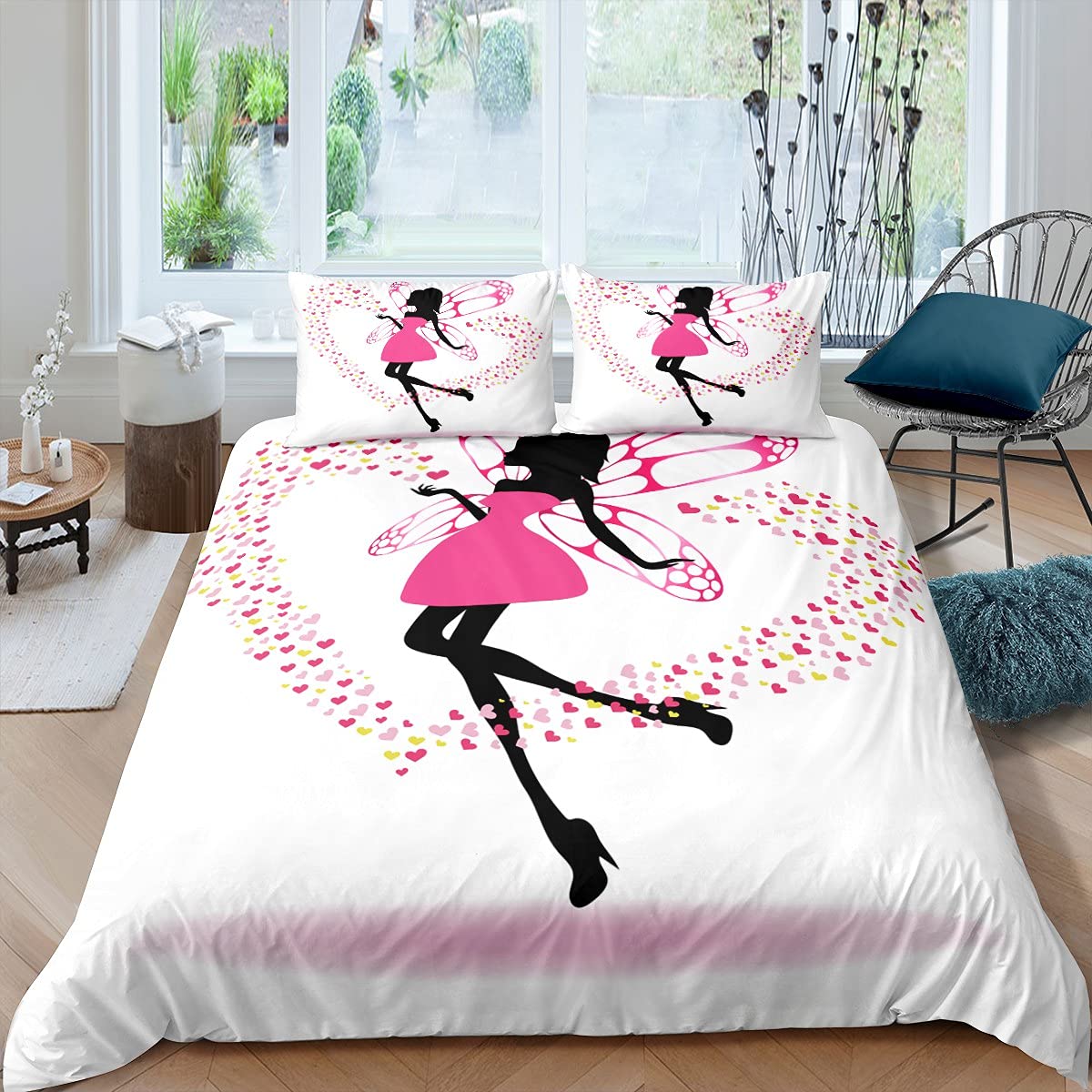 Juego de cama de hada con alas para niñas, funda de edredón para niños y niñas, diseño de mariposas, color rosa