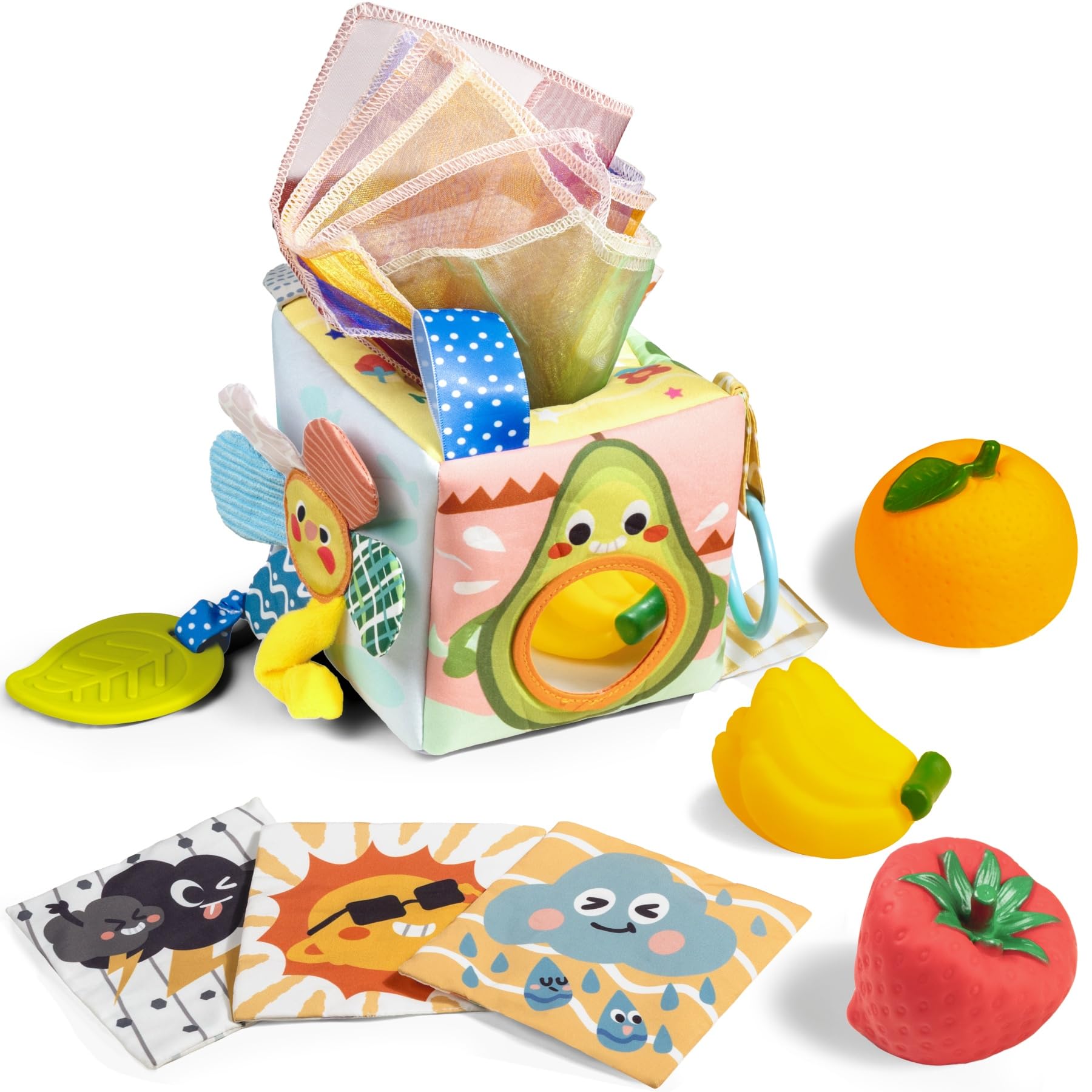 TUMAMA Juguetes para bebés Caja de pañuelos Juguete Montessori 0 3 6 12 Meses Bebés, Juguetes para agarrar Frutas,Juguetes sensoriales para con Colores Contrastantes para bebés Regalos