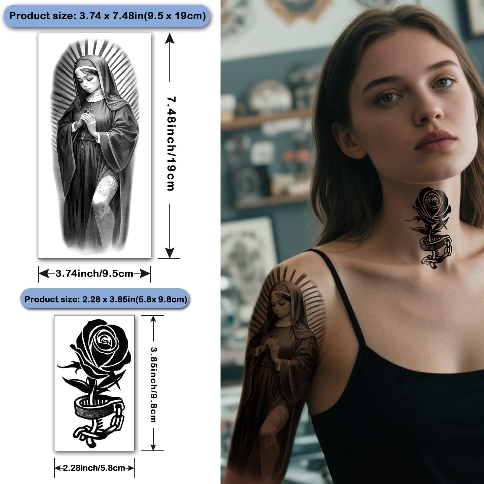 77 Sheets Christian Chicano Temporary Tattoos Adult Men Women Jesus Christ Religious Cholo Lowrider Fake Tattoos Stickers - Image 3