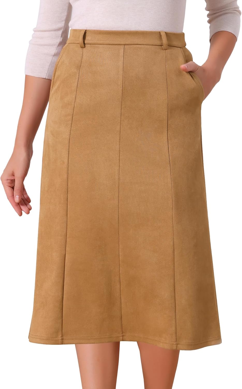 Seta T Women's Faux Suede Skirts Elastic High Waist Fall Winter A-Line Midi Skirt with Pockets