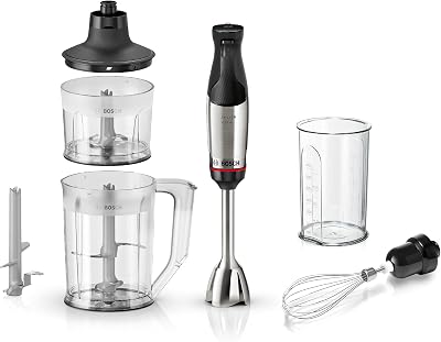 Bosch – Batidora de mano, ErgoMaster Serie 6, motor refrigerado por aire de 1000 vatios, control dinámico de velocidad, sistema de mezcla QuattroBlade Pro, accesorios incluidos, MSM6M652