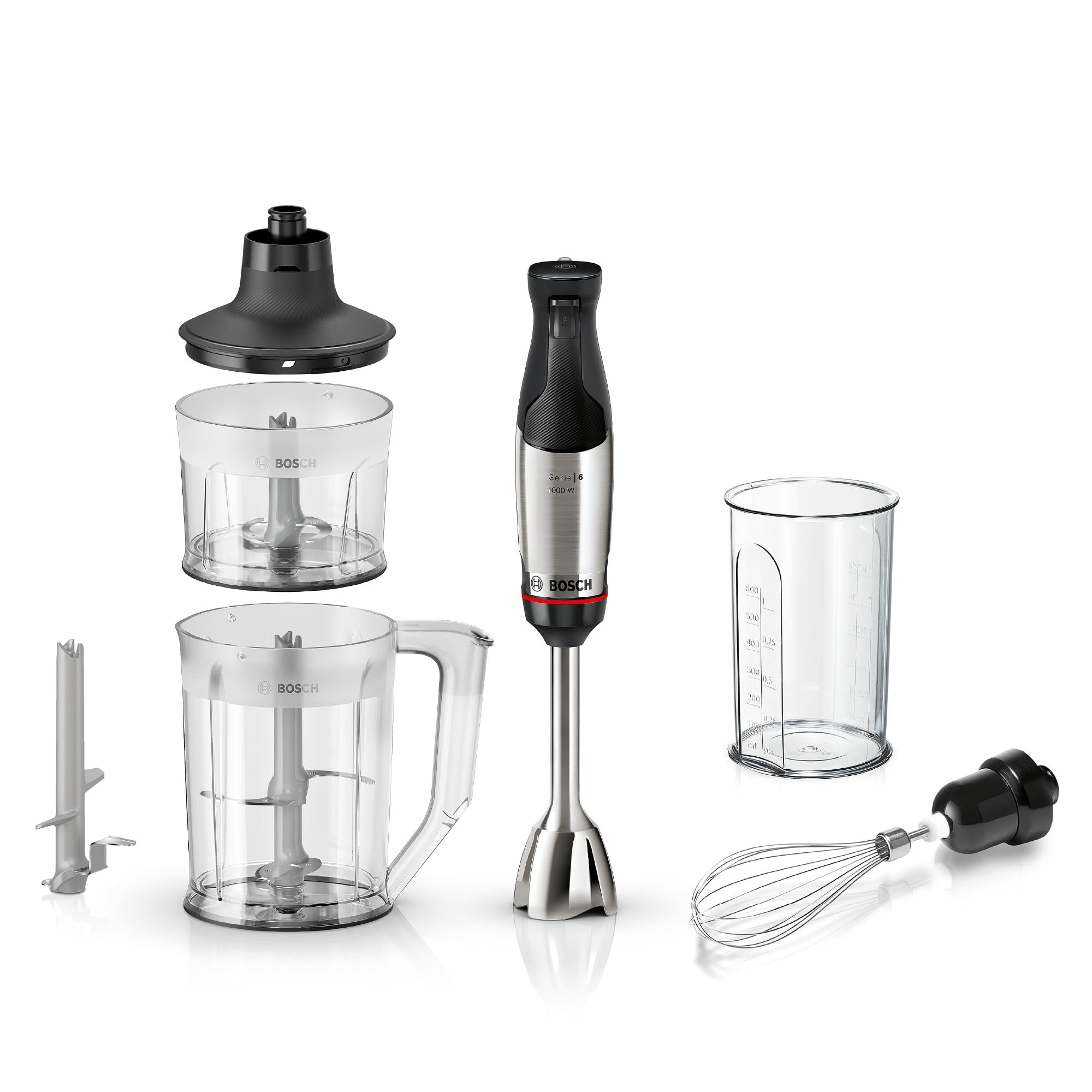 Bosch - Batidora de mano, ErgoMaster Serie 6, motor refrigerado por aire de 1000 vatios, control dinámico de velocidad, sistema de mezcla QuattroBlade Pro, accesorios incluidos, MSM6M652