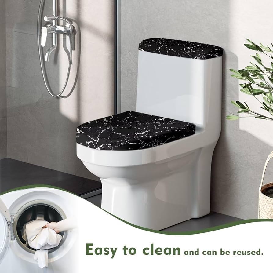 Pzuqiu Housse Abattant WC + Réservoir Marbre Bleu – Lot De 2, Extensible, Lavable, Style Élégant Universel Oblong/Allongé