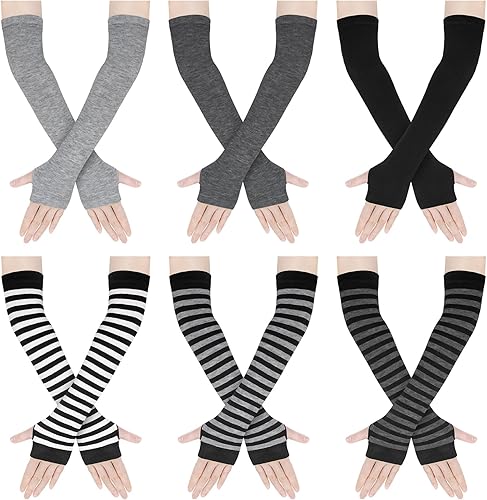 Vista 14 de Amandir Guantes largos sin dedos para mujer, calentadores de brazos, guantes elásticos de punto para el pulgar Gris oscuro Gris oscuro Gris claro