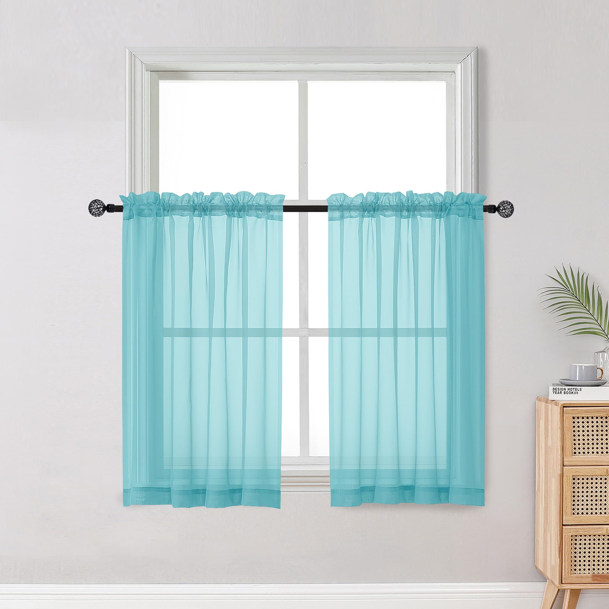 Short Aqua Sheer Curtains 36 Inch Length 2 Panels Set, Kitchen Tiers Curtains Light Filter Rod Pocket Voile Cafe Curtain for Basement Bathroom Small Half Window, 42" W x 36" L, Aqua