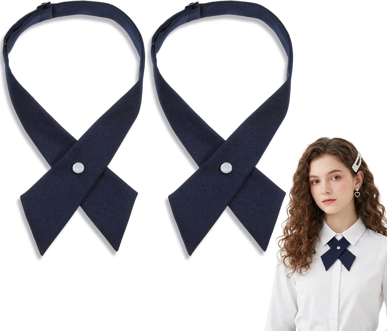 2Pcs Adjustable French Uniform Ties for Girls, Navy Blue Cross Women Bow Tie, Pre-tied School Uniform Ties