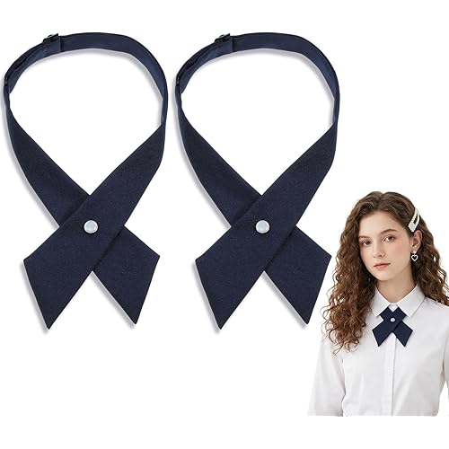 2Pcs Adjustable French Uniform Ties for Girls, Navy Blue Cross Women Bow Tie, Pre-tied School Uniform Ties