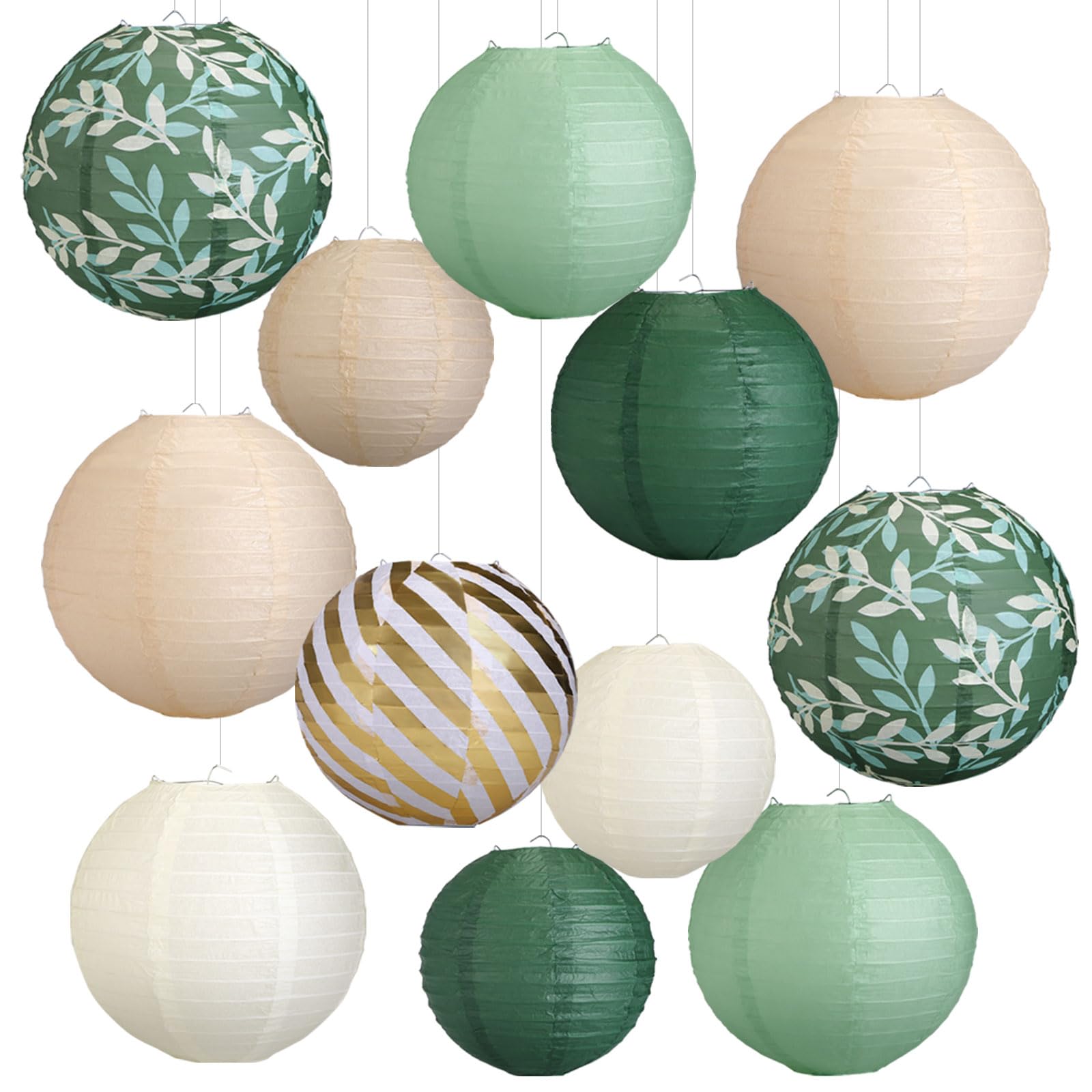 LIHAO 12pcs Lanterne Papier Blanche 8" 10" 12"-Vert Sauge | Lampion Papier Boule, Décoration Mariage Champetre Anniversaire Noël Fête