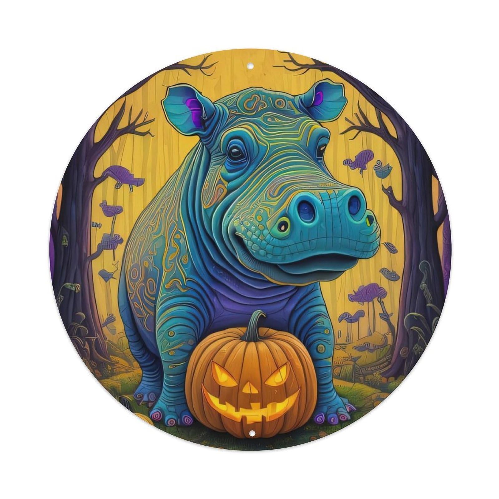 Animal Artwork Hippo & Pumpkin Vintage Metal Tin Sign Plaque Wall Decor for Cafe, Club, Garden Round Metal Poster 8x8Inch