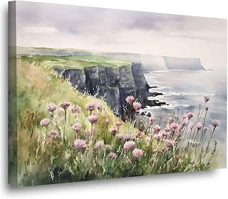 Framed Canvas Prints Cliffs of Moher Painting Thistle Watercolor Print Emerald Isle Wall Art Irish Coastal Landscape Ireland Wall Decor Seascape Artwork 8x12in-Framed