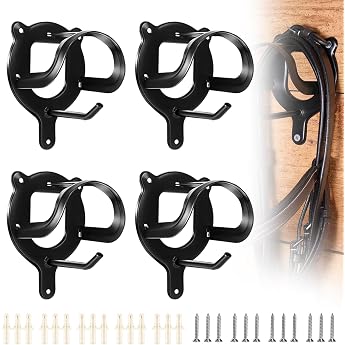 Pack of 4 Bridle Holders Metal Saddle Holders Horse Whip Holder Bridle Hook with Expansion Tube and Screws Bridle Hooks for Saddle Chamber Barn Stable Black