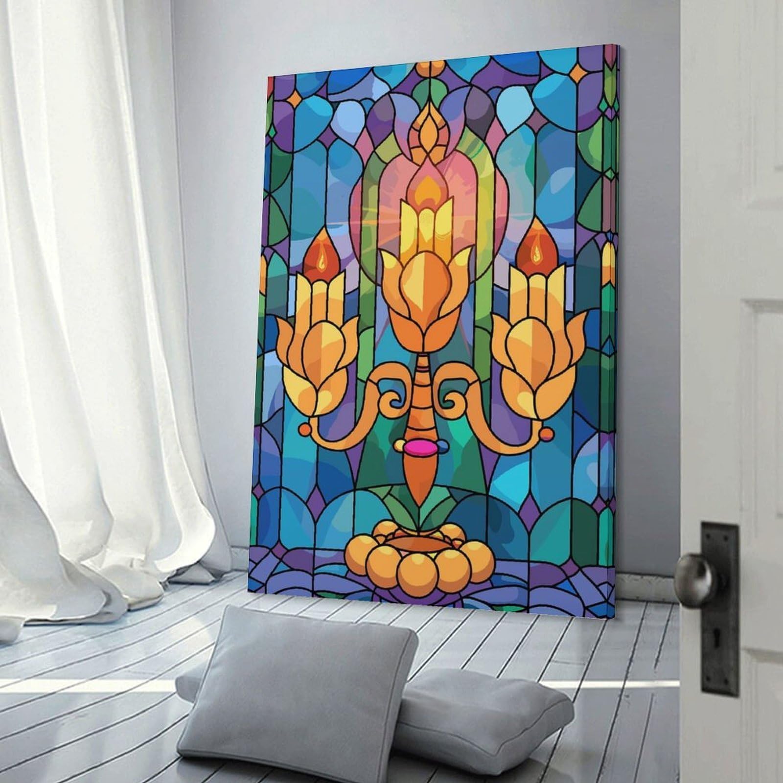 Junmoney Decorative Wall Artwork Stained Glass Candelabra with Flames, 24x36inch(60x90cm), for Calm Bedrooms, Home Corners Or Flats, An Easy Wall Refresh for Bedrooms