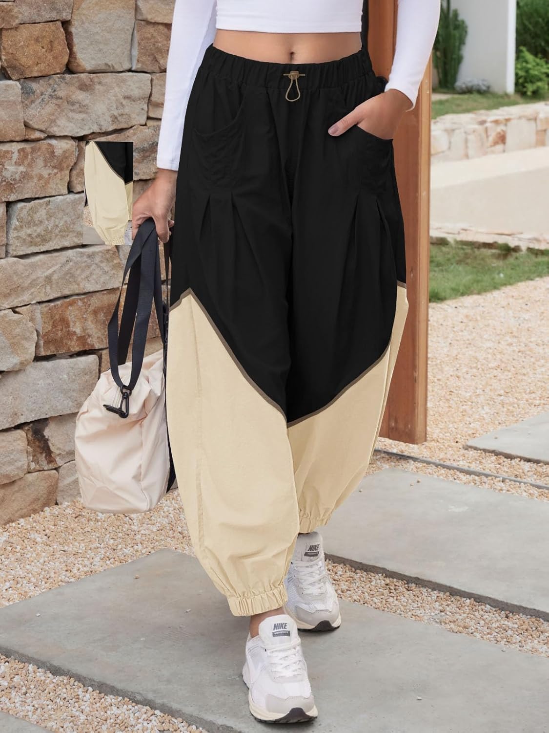 Fisoew Womens Baggy Wide Leg Pants Casual Elastic Waist Color Block Loose Workout Track Pants with Pockets - Image 2