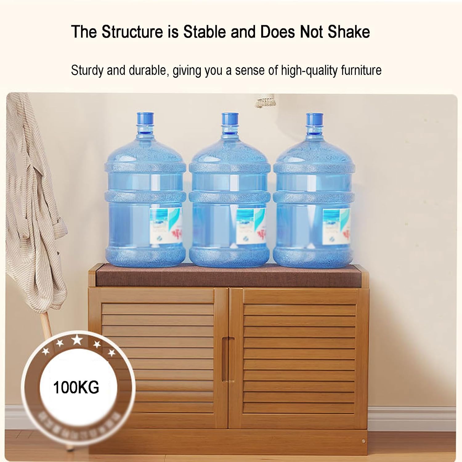 2つのドアとパッド入りクッション付きシューズベンチ、竹製2段シューズ 2つのドアとパッド入りクッション付きシューズベンチ、竹製2段シューズ