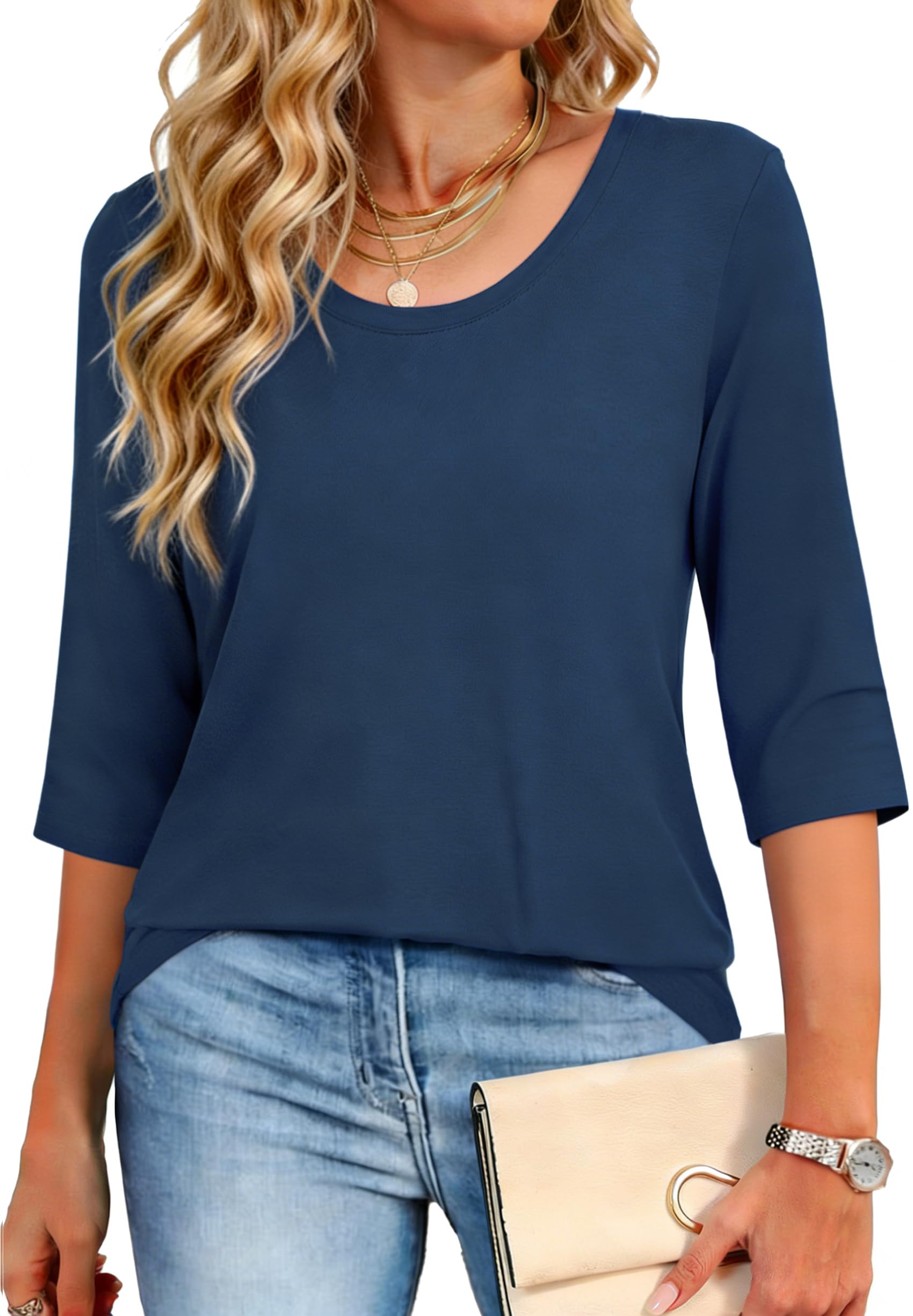Crewhpo T Shirt Damen mit 3/4-Ärmeln Baumwolle Tunika Sommer Kurzarm Basic Tshirt Einfarbige Casual Top mit Rundhalsausschnitt Stretch Bluse Lockeres Elegant