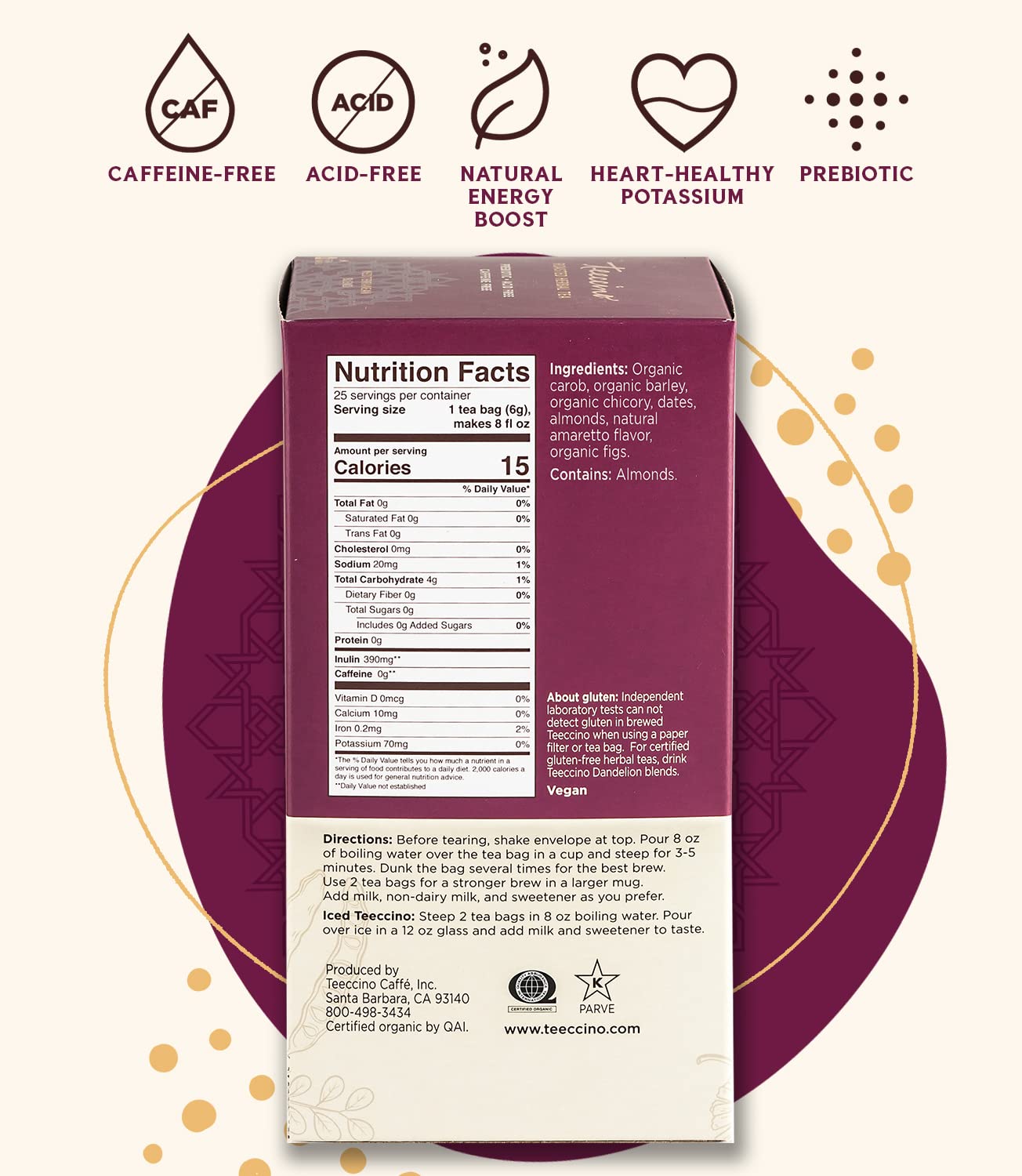 Teeccino Herbal Tea – Almond Amaretto – Rich & Roasted Herbal Tea That's Caffeine Free & Prebiotic for Natural Energy, 25 Tea Bags : Grocery & Gourmet Food