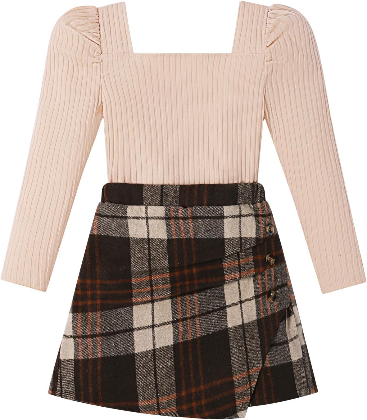 Adarl Girls Plaid Skirt Set A-Line Skort 2PCS Outfit Casual Square Neck Knit Puff Sleeve Shirt Top Fall Winter Clothes 7-14Y