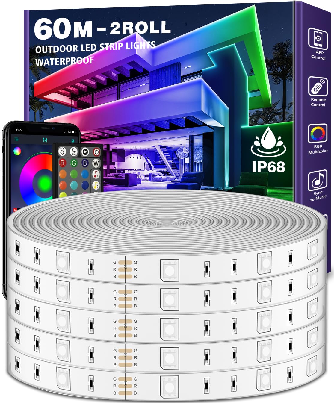 LETIANPAI 60m/200ft Outdoor LED Strip Lights Waterproof,IP68 Outsideled strips wasserdicht with App and Remote,Music Sync RGB Exterior Led Rope Lights with Self Adhesive Back