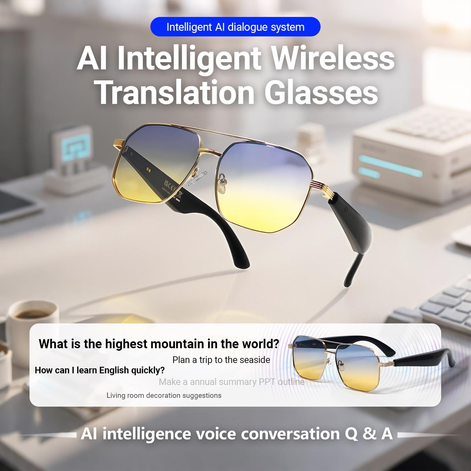 Lunettes Connectées Avec AI, Lunettes Musicales Bluetooth Avec Plus 100 Traductions, Verres Dégradés Anti-lumière Bleue, Lunettes Audio Avec Appels Mains Libres, Lunettes Casque(Blue)