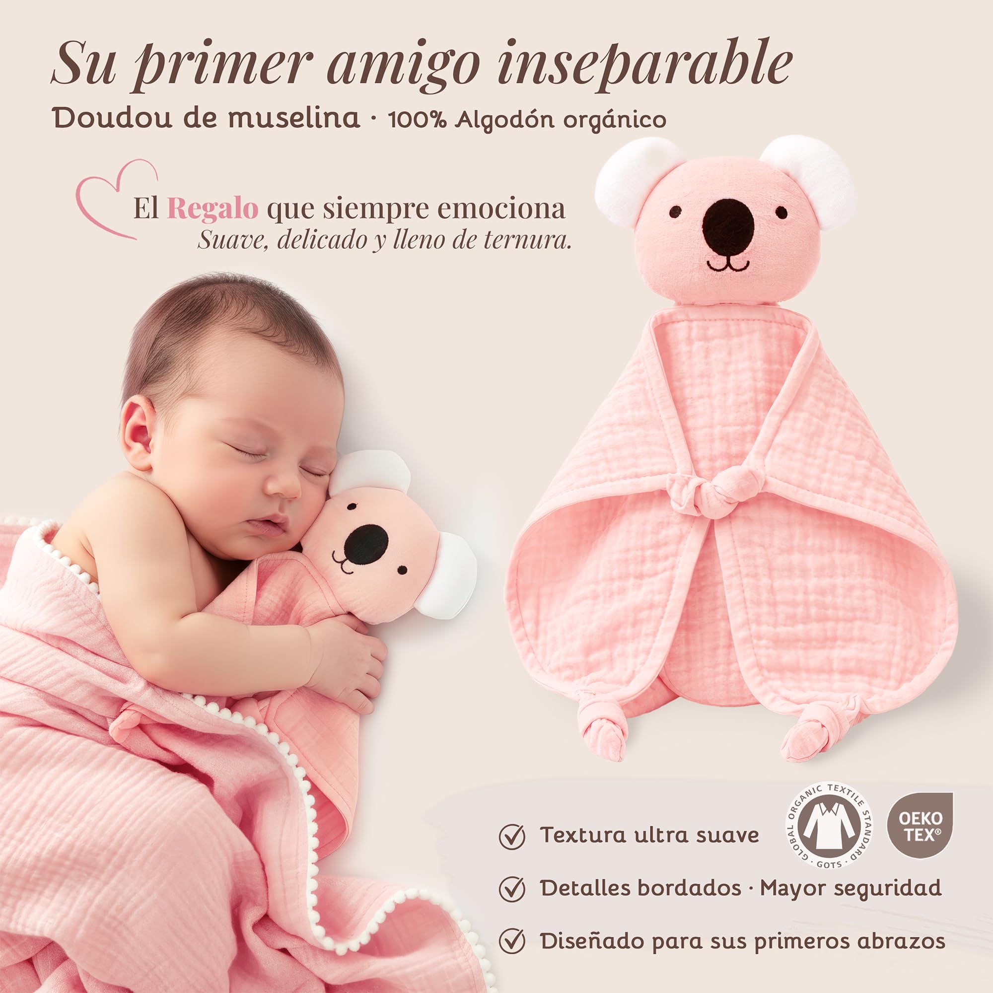 Babykorb für Neugeborene, Babykorb für Neugeborene, Jungen und Mädchen, Geschenke für Erstlingsmütter, originelle Schwangerschaftsgeschenke, Musselin-Decke, Doudou Baby (Pastellrosa)