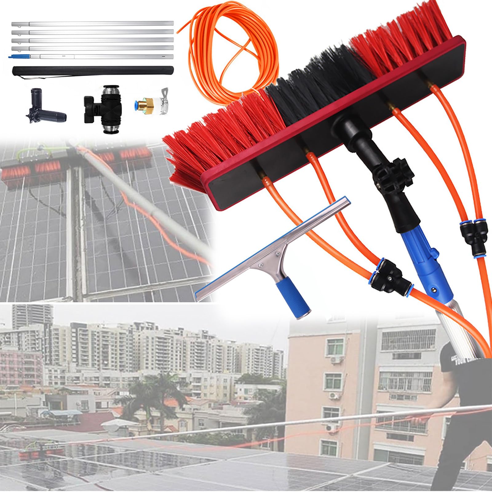 Kit de limpieza de paneles solares de 30/50 cm, limpiador de techo retráctil con spray de agua, cepillo giratorio de 180°, manguera de 20 m y limpiador de 35 cm para un mantenimiento solar eficiente