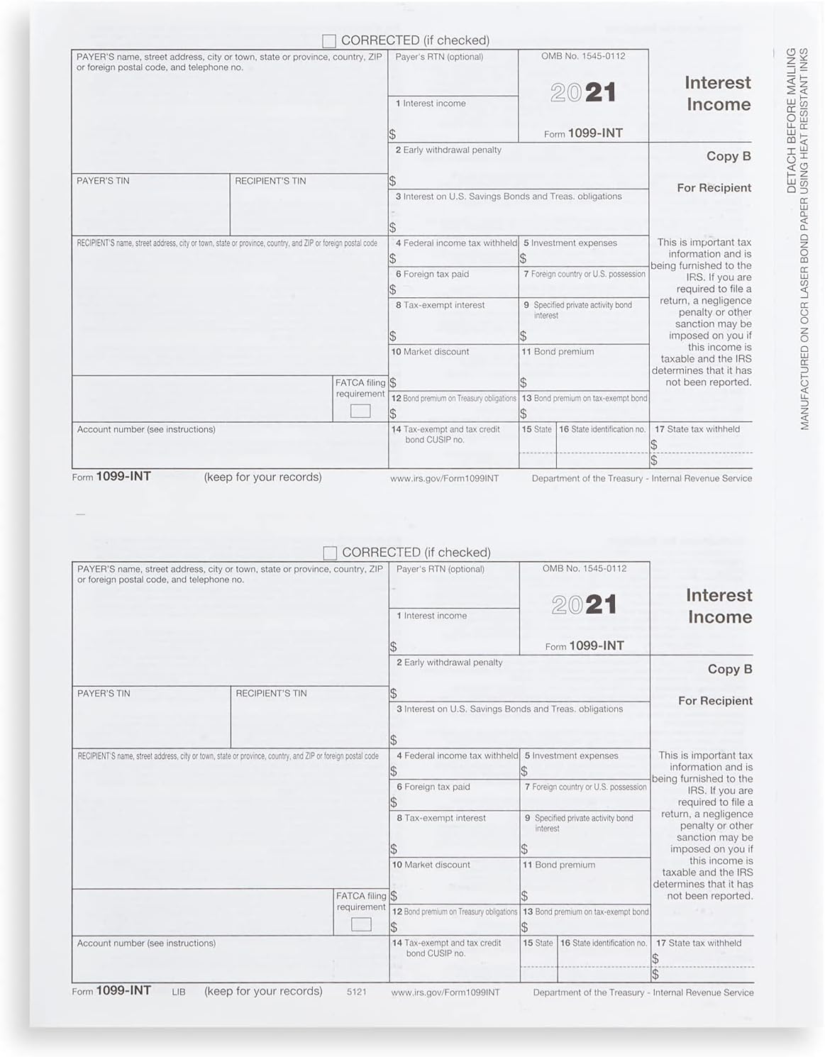 2021 1099 INT 4 Part Interest Tax Forms Kit, 25 Laser Form Bundle of 1099 Interest Forms (2021), Compatible with QuickBooks and Accounting Software, 25 Self Seal Envelopes Included : Office Products