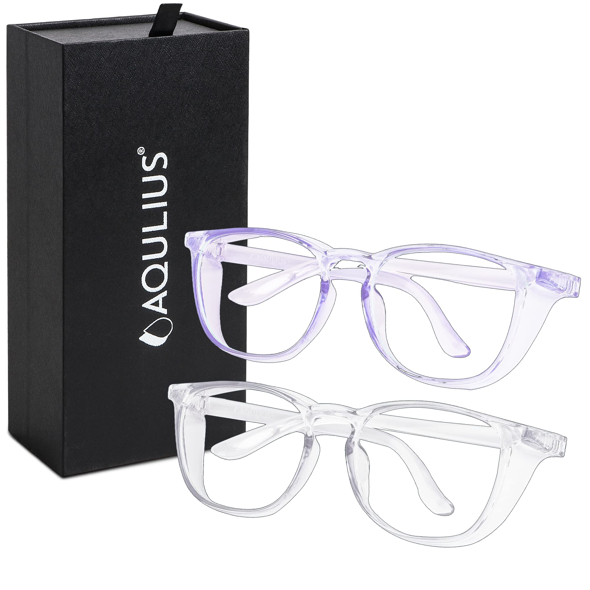 Paquete de 2 gafas de seguridad elegantes (azul y transparente) anti niebla, resistente a los arañazos, bloqueo de luz azul frente y lateral gafas de protección para mujeres para hombres