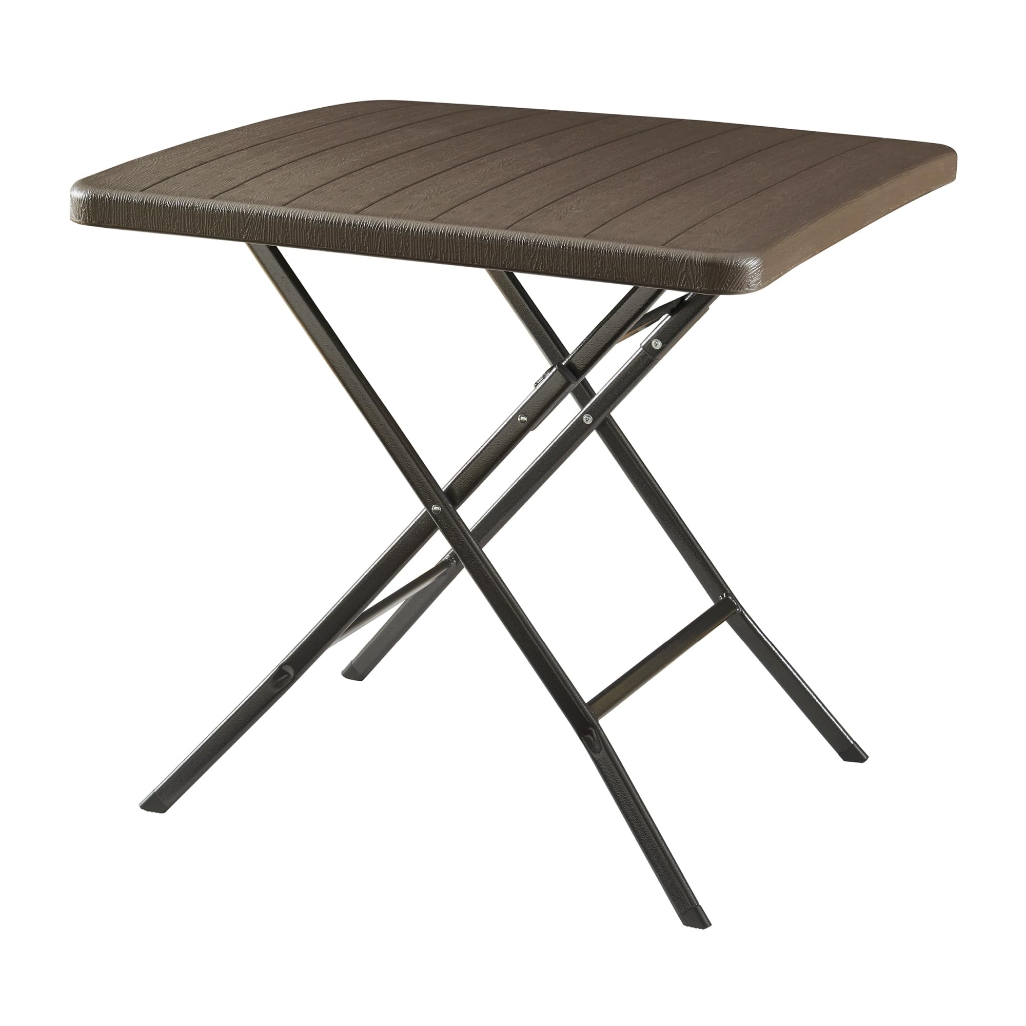 [en.casa] pro.tec składany stół piknikowy Camping przenośny stół do użytku na zewnątrz metalowa rama i blat plastikowy stół 78 x 78 x 74 cm brązowy efekt drewna