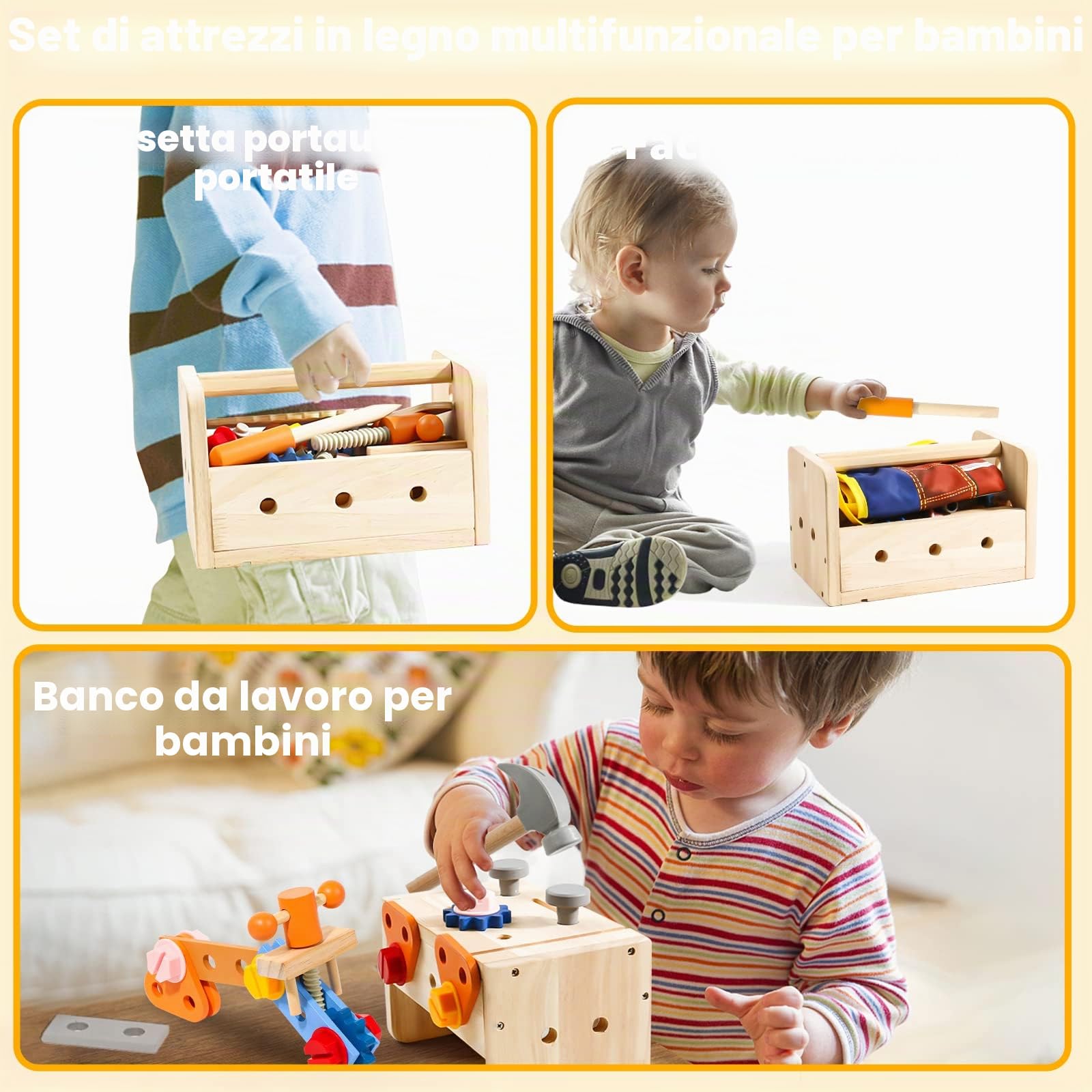 Cassetta Attrezzi Bambini, Banco da Lavoro per Bambino, Giochi Legno Costruzioni per Bambini con Grembiule, Giochi Bambina Bimbo Educativi Regalo Bimbo 2 3 4 Anni, 39 Pezzi Attrezzi Giocattolo Bambino