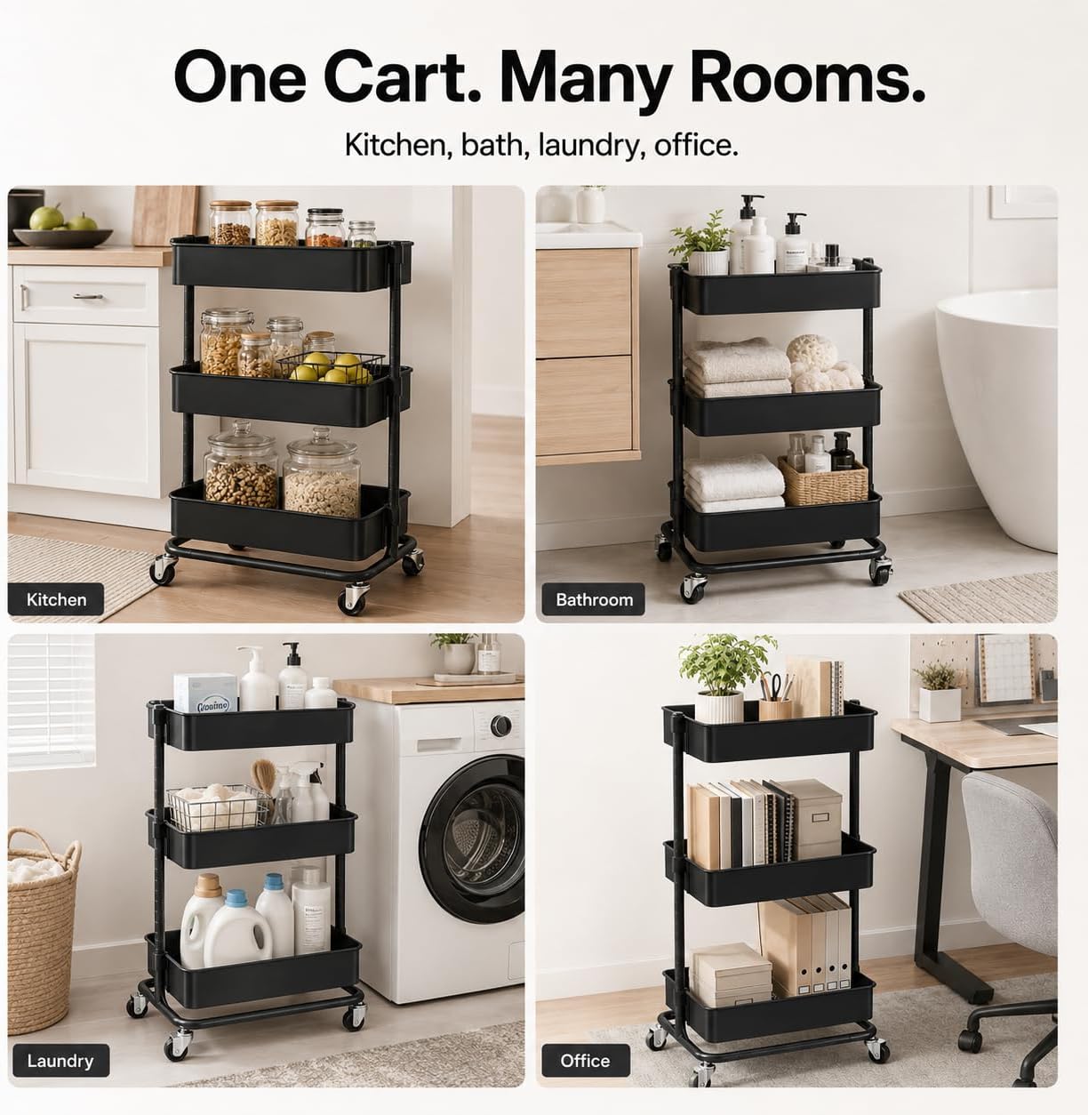 3 Tier Utility Rolling Cart, Heavy Duty Metal Rolling Cart with Wheels, Storage Organizer, Portable Mobile Shelving Unit for Office, Bathroom, Kitchen (Black) image 3