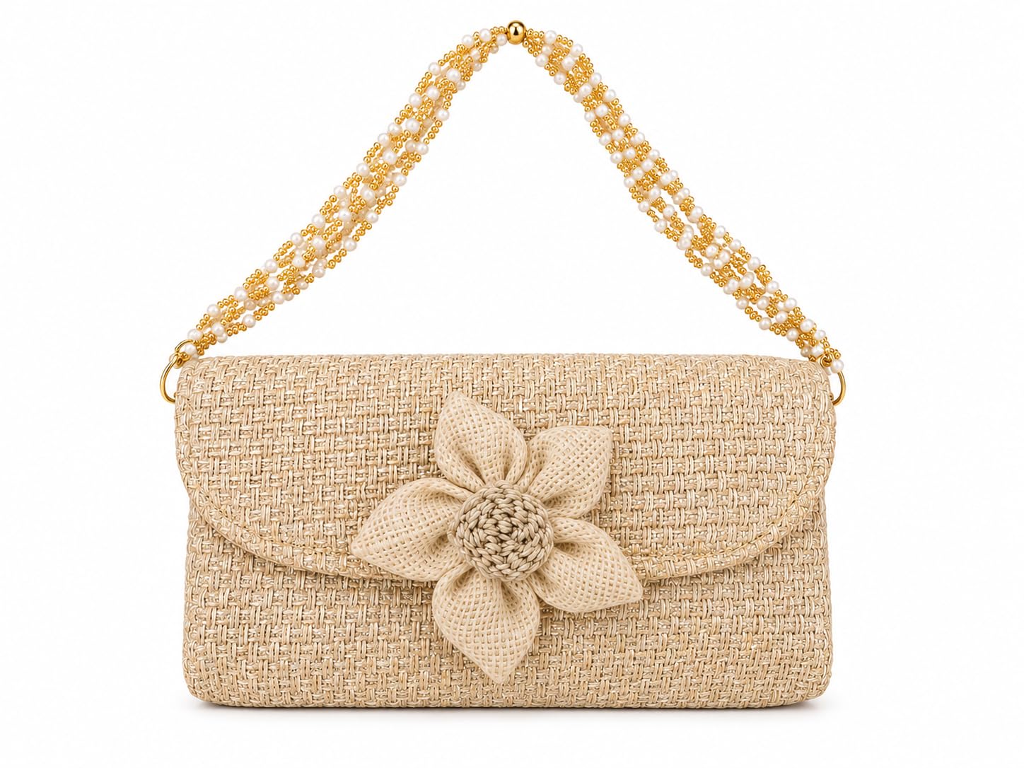 Womens Woven Straw Handbag - Beige Summer Beach Clutch with Pearl Beaded Strap and 3D Flower Accent, Resort Evening Purse-image-8
