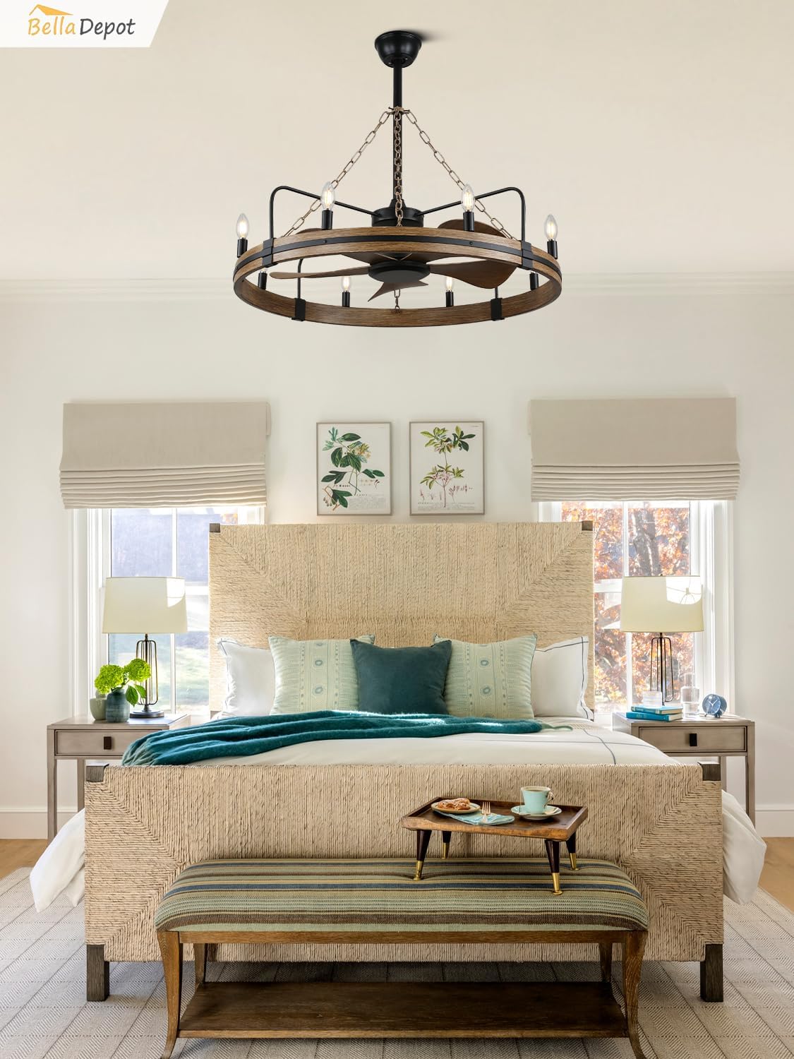 Bella Depot 36" Farmhouse Ceiling Fan with Light - Wagon Wheel Fandelier, 8-Light Rustic Chandelier Fan, Remote Control, for Bedroom Kitchen Dining Room (Bulbs Not Included)