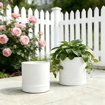 GreenShip Planter Set of 2 9.8" & 7.8" Cylinder Planters with Drainage Hole and Planter Saucer, Jun Porcelain Clay & Recycled Resin, Decorate Home,Office & Outdoor,White pots