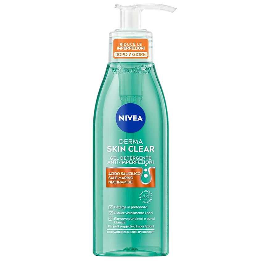 NIVEA Derma Skin Clear Gel Detergente Viso Anti-Imperfezioni 150 ml, Detergente viso pelle grassa e mista con Acido Salicilico, Sale Marino e Niacinamide, Detergente schiumogeno viso purificante