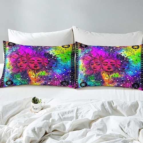 Miniatura 6 de Erosebridal Sábanas bohemias de sol y luna, sábana bajera de 2 piezas con diseño de galaxia psicodélica, diseño de estrellas místicas psicodélicas,