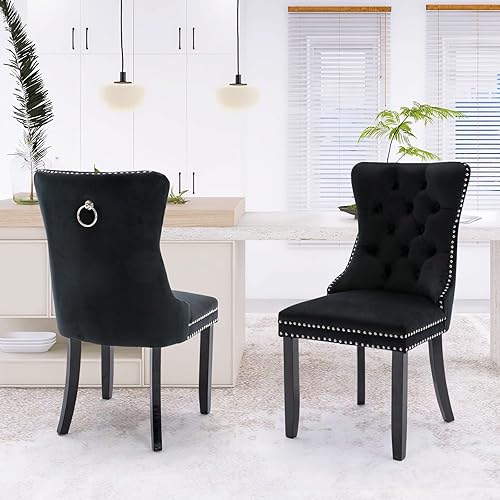 Miniatura 16 de Juego de 6 sillas de comedor de terciopelo, sillas de comedor tapizadas acolchadas con ribete de tachuelas y patas de madera maciza para cocina,