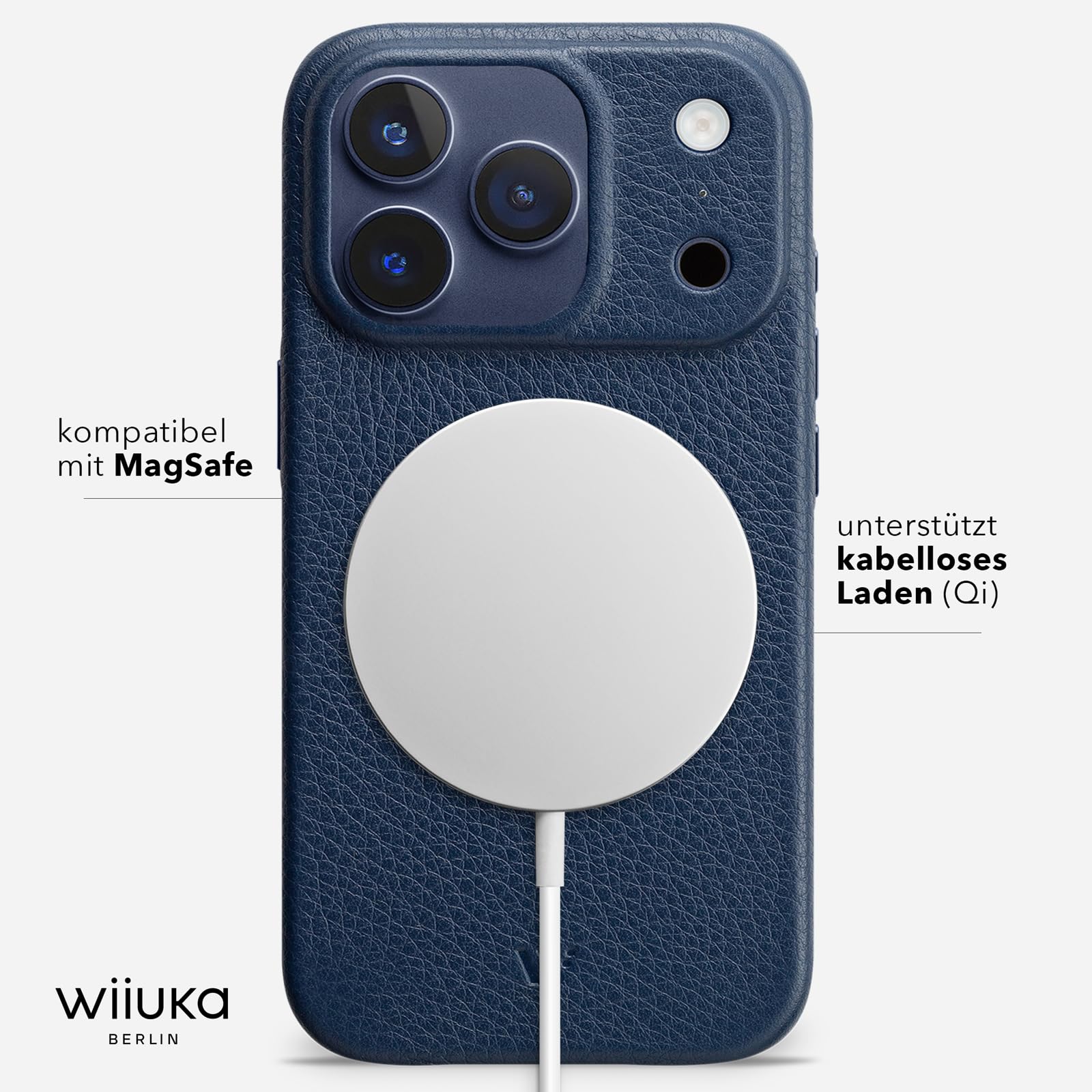 WIIUKA Hülle für iPhone 17 Pro, Leder aus Deutschland, Lederhülle extra Dünn, Premium Handyhülle, Case, Qi, skiin, Blau Nachtblau