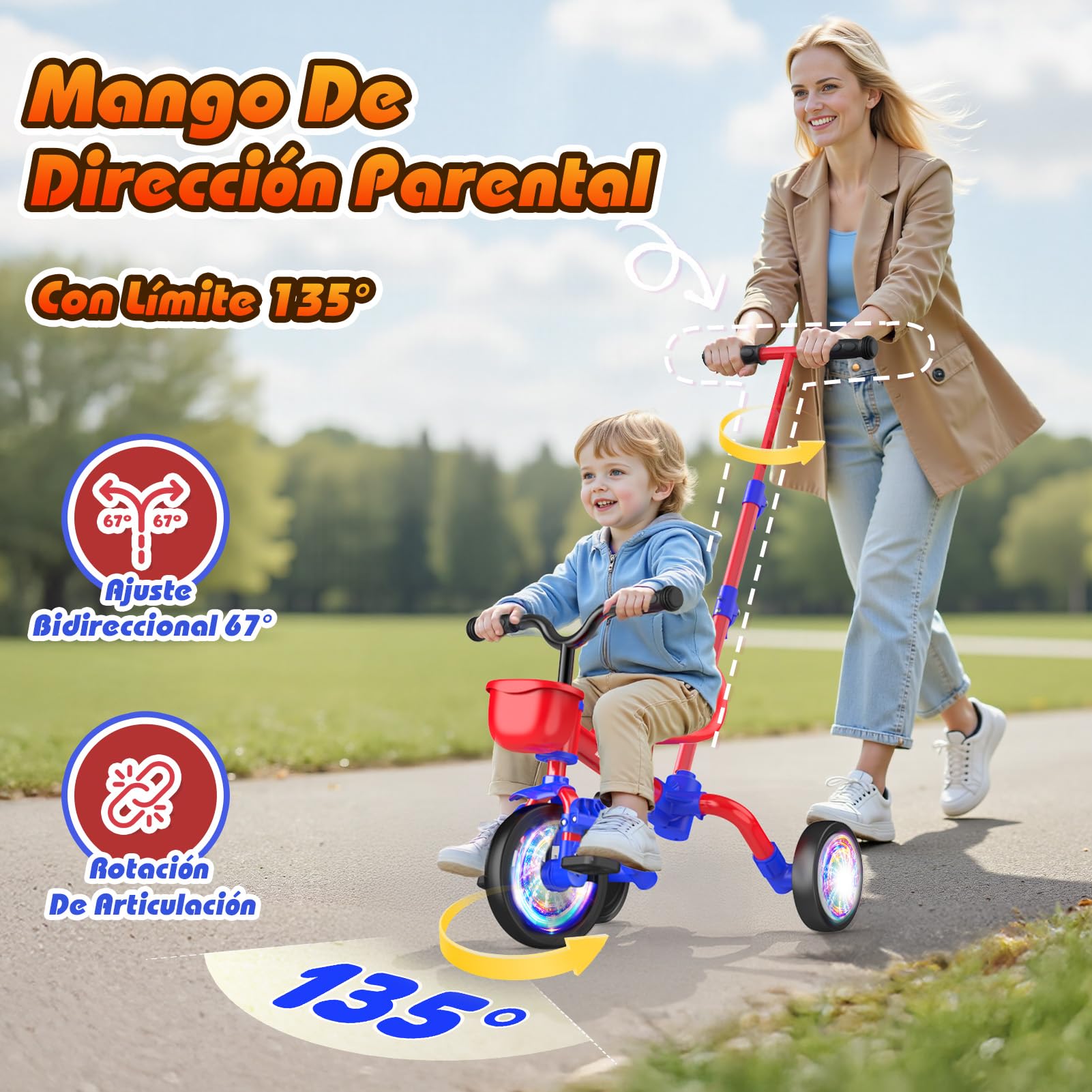 HappyGoLucky Triciclo 5 En 1 Evolutivo Bebe, Bici Bicicleta Niñas 1-3 Años-Ruedas Luminosas/Asa Parental/Asientos&Pedales Regulables