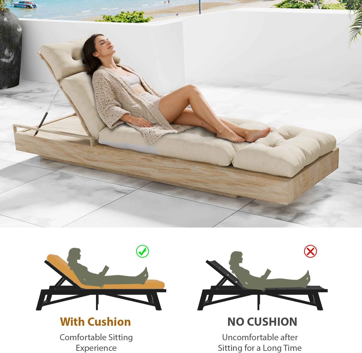 Outdoor Lounge Chair Cushions Set of 2 with Pillow, Olefin Waterproof and Fade Resistant Patio Pool Chaise Lounge Cushions Replacement for Indoor Furniture with Ties, 74 x 22 x 4.5 Inches, Lvory