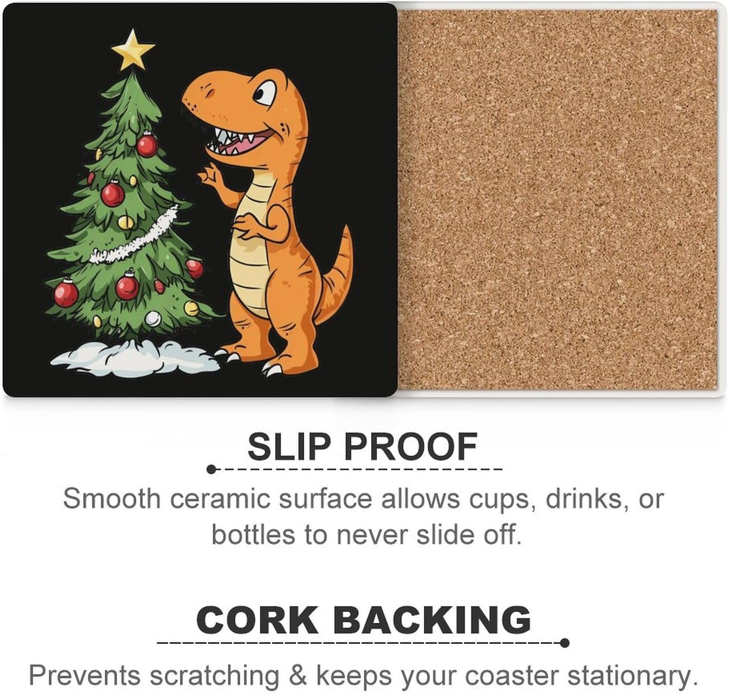 Dragon Christmas Tree Funny Ceramic Coasters for Drinks Absorbent Cup Holder Tabletop Protector with Cork Base