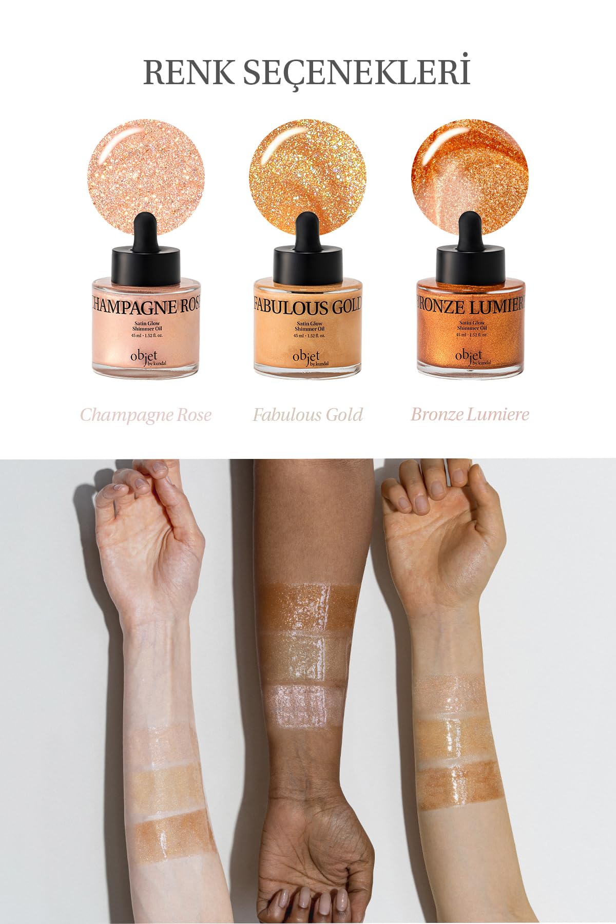 KUNDAL İnce Dokulu, Renkli ve Işıltılı Vücut Yağı Satin Glow Shimmer Oil (Champagne Rose)