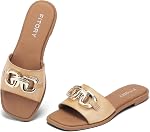 FITORY Women's Flat Slide Sandals with Gold Accents, Lightweight Faux Leather Slippers for Summer Size 6-11