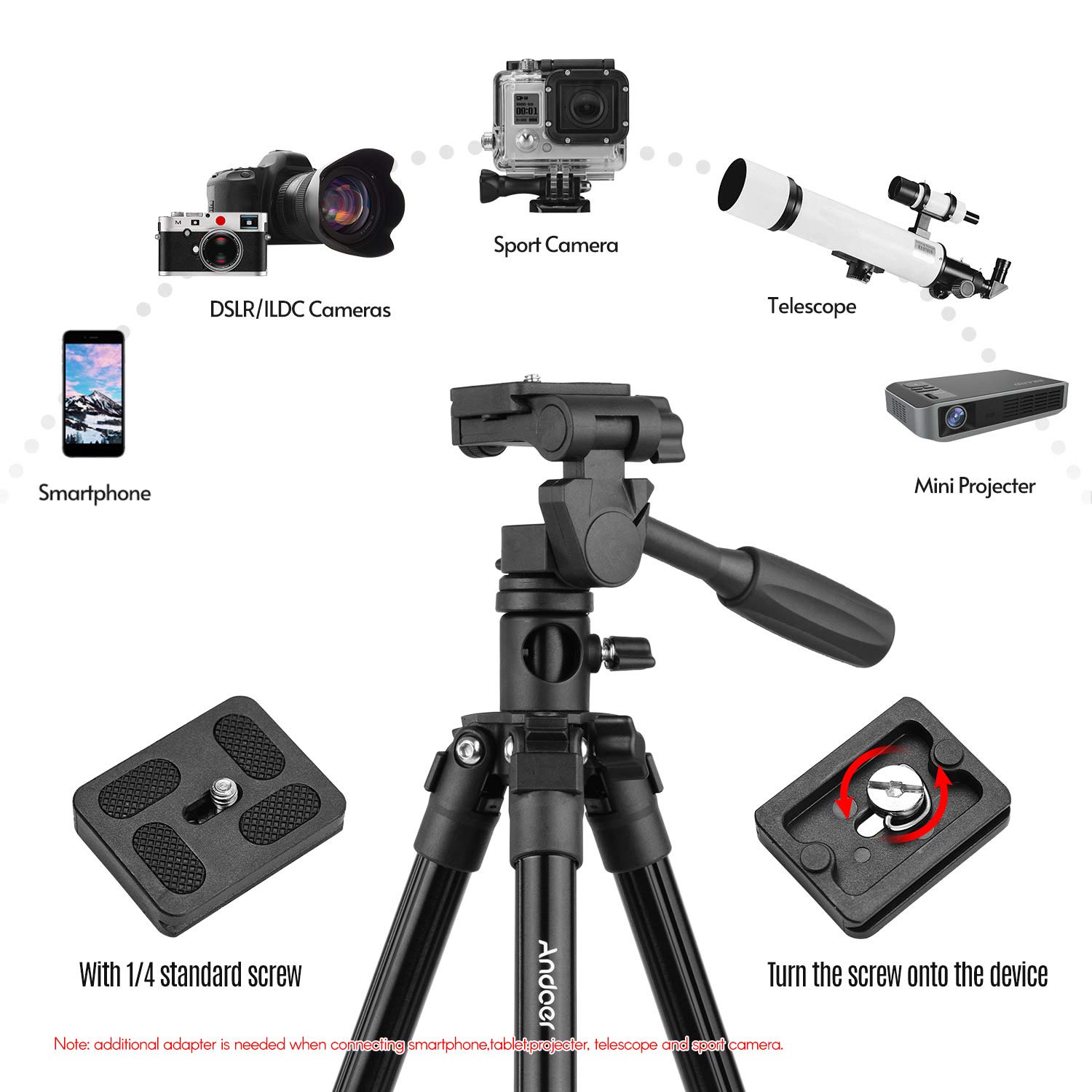 Andoer Treppiede per Fotocamera con colonna centrale Transversal, con testa girevole e inclinabile a 3 vie per fotocamere DSLR, videocamere, mini proiettore