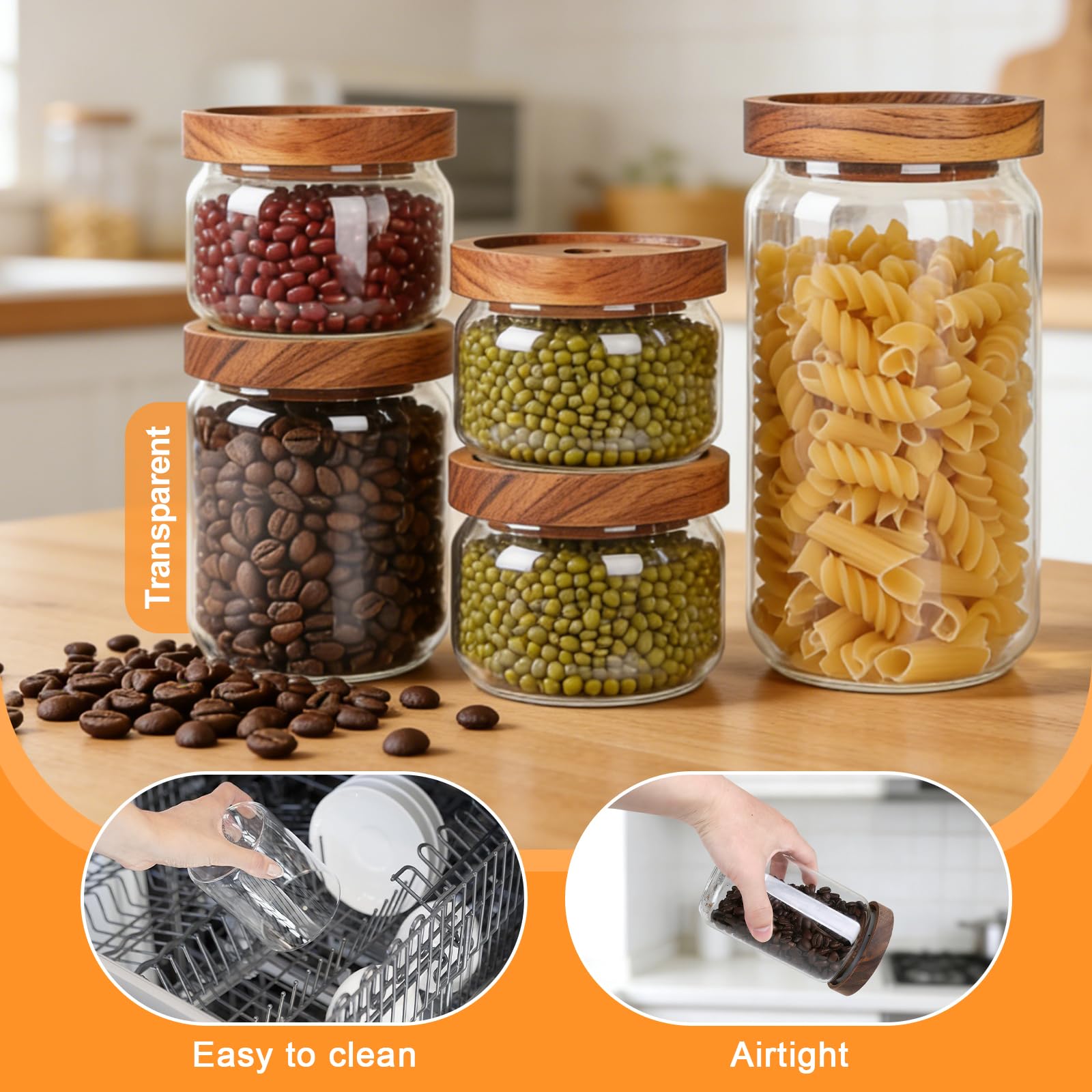 efuturetime 4 Barattoli in Vetro Ermetici con Coperchio in Legno 1000ml/750ml/500ml/350ml, Barattoli di Stoccaggio Impilabili Ermetici da Cucina per Spezie per Conservare Cereali, Zucchero, Caffè, Tè