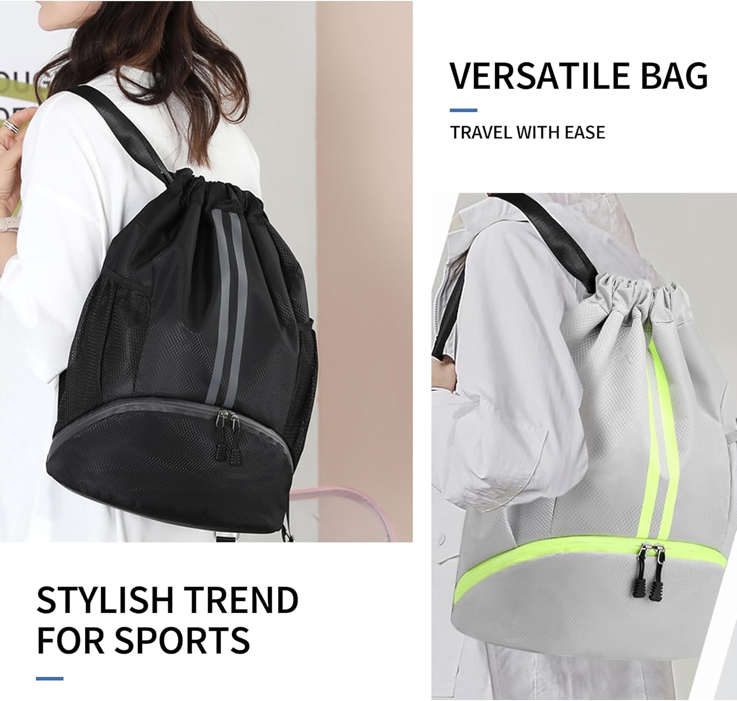 Drawstring Backpack Gym Bag with Shoes Compartment for Soccer, Basketball, Swim, Water-Resistant String Backpack Beach Cinch for Women Men, Grey - Image 7