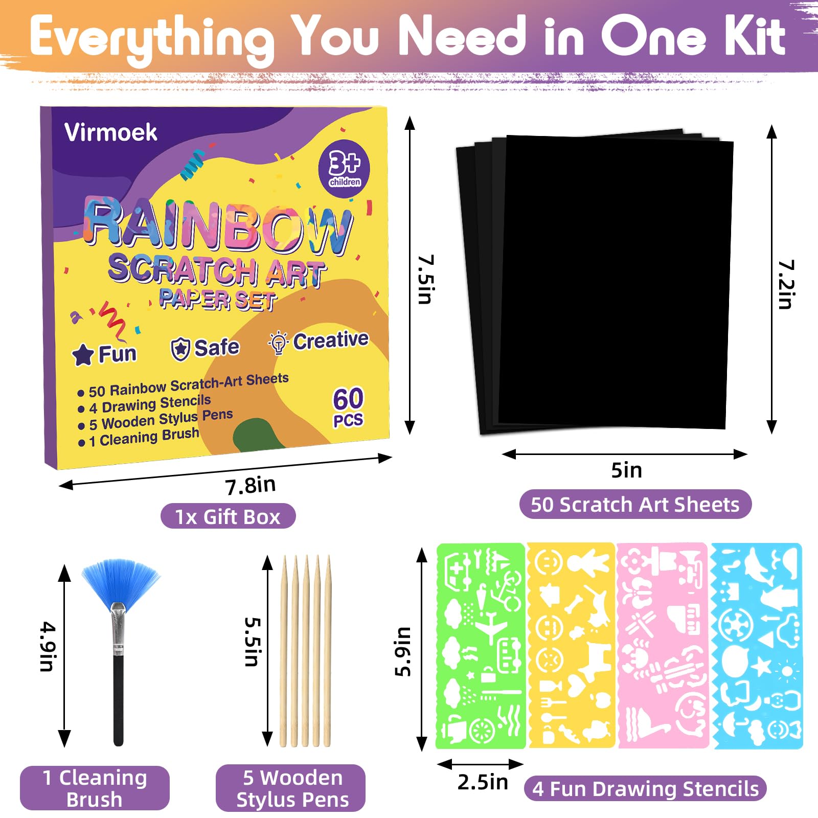 Virmoek Juego de 60 piezas de papel de arte para rascar, manualidades mágicas para rascar, kits de suministros para niñas y niños de 3, 4, 5, 6, 7, 8, 9, 10 años, juegos de fiesta, Navidad, cumpleaños