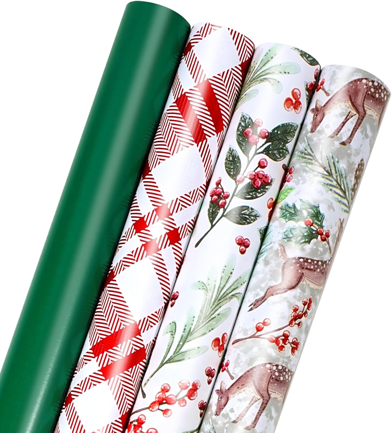 LaRibbons Christmas Wrapping Paper Set, Holiday Jumbo Gift Wrap Rolls featuring Classic Deer, Red & White Plaid and Berries Designs, Perfect for Christmas Parties, Presents & Decorations, 30 inch x 10 feet Each, 4 Rolls Total Christmas-Berries