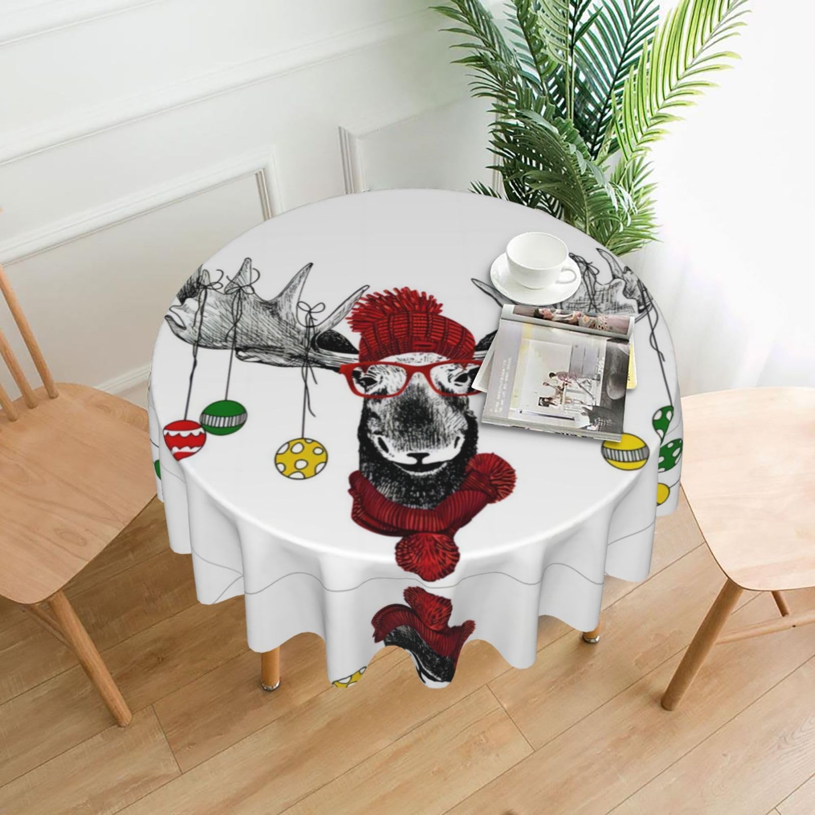 hhxvcv Funny Christmas Moose Round Tablecloth – Dining Table Cover